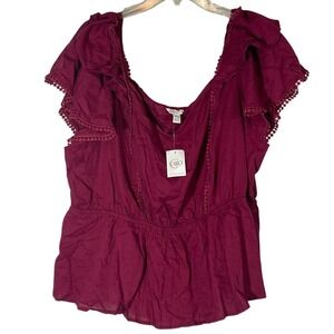 Cato Woman Plus Size 22/24W Linen Blend PomPom Ruffle Trim‎ Blouse Top NEW